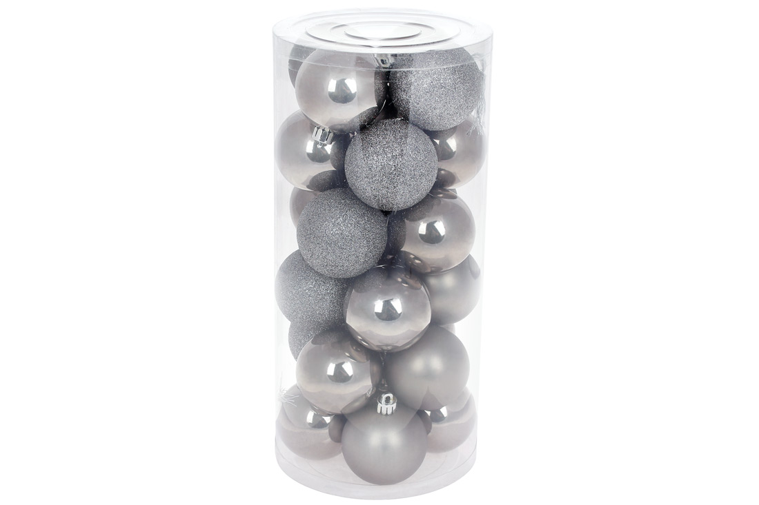 Набір ялинкових куль 6см, колір - теплий сірий, 24шт: 12шт - перламутр, по 6шт - гліттер, матовий - Фото