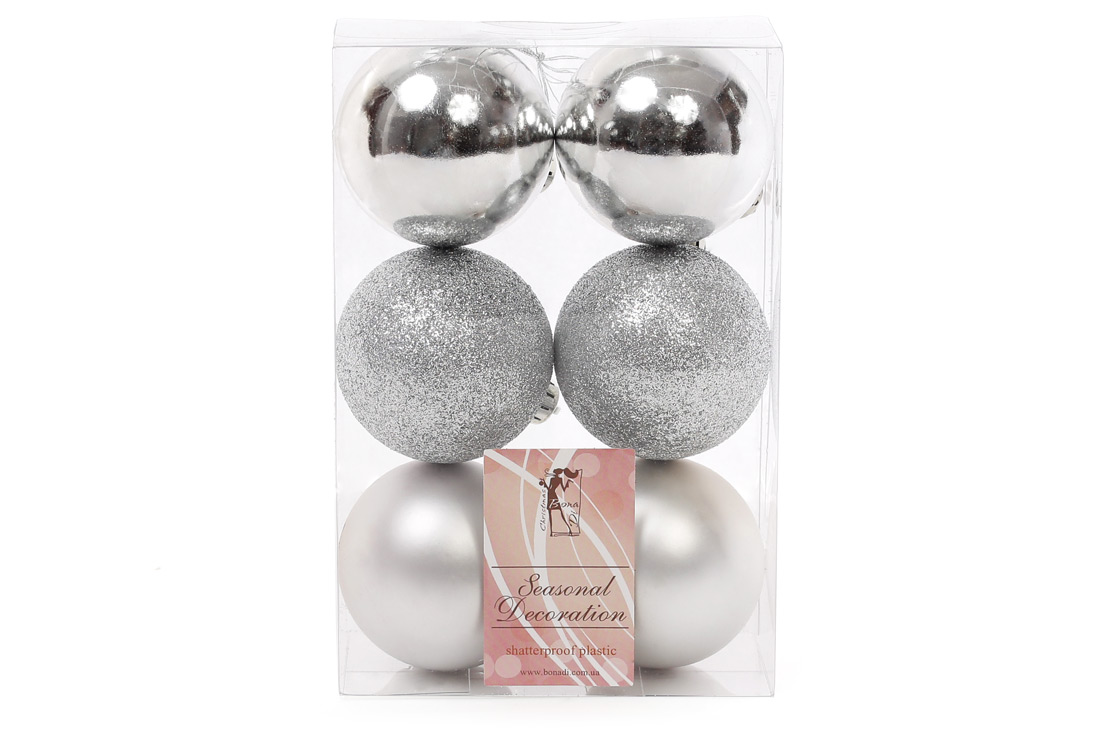 Набір ялинкових куль 6см, колір - срібло, 6шт: глянець, матовий, гліттер - по 2шт - Фото