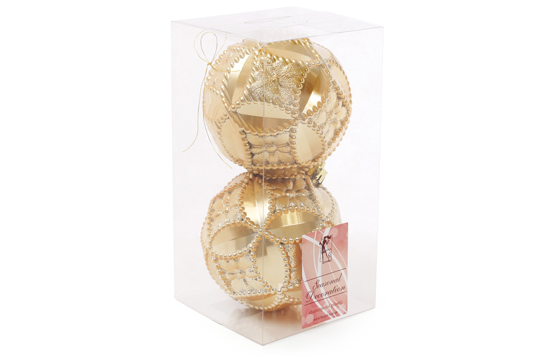 Набір ялинкових куль з рельєфом 10см, колір - яскраве золото, 2 шт: перламутр - Фото