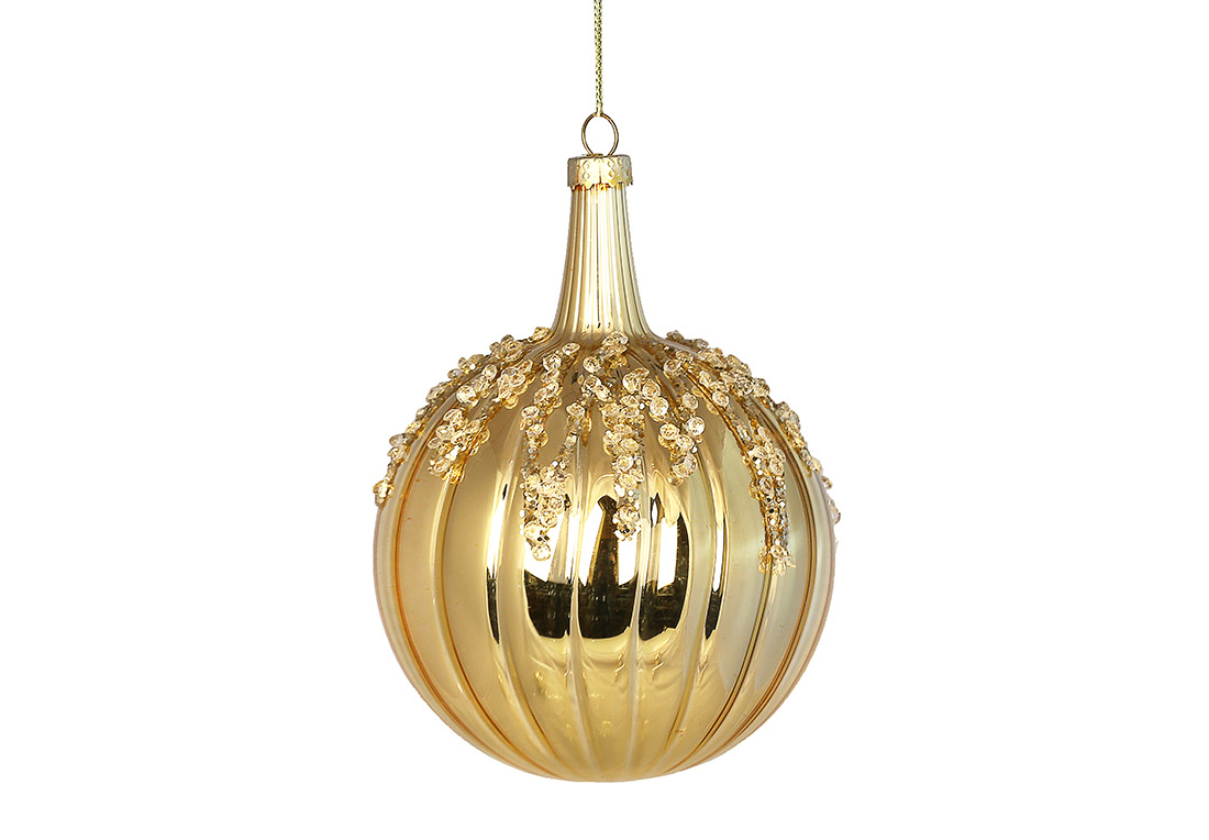 Ялинкова куля з декором зі страз та гліттера 10см, колір - золото - Фото