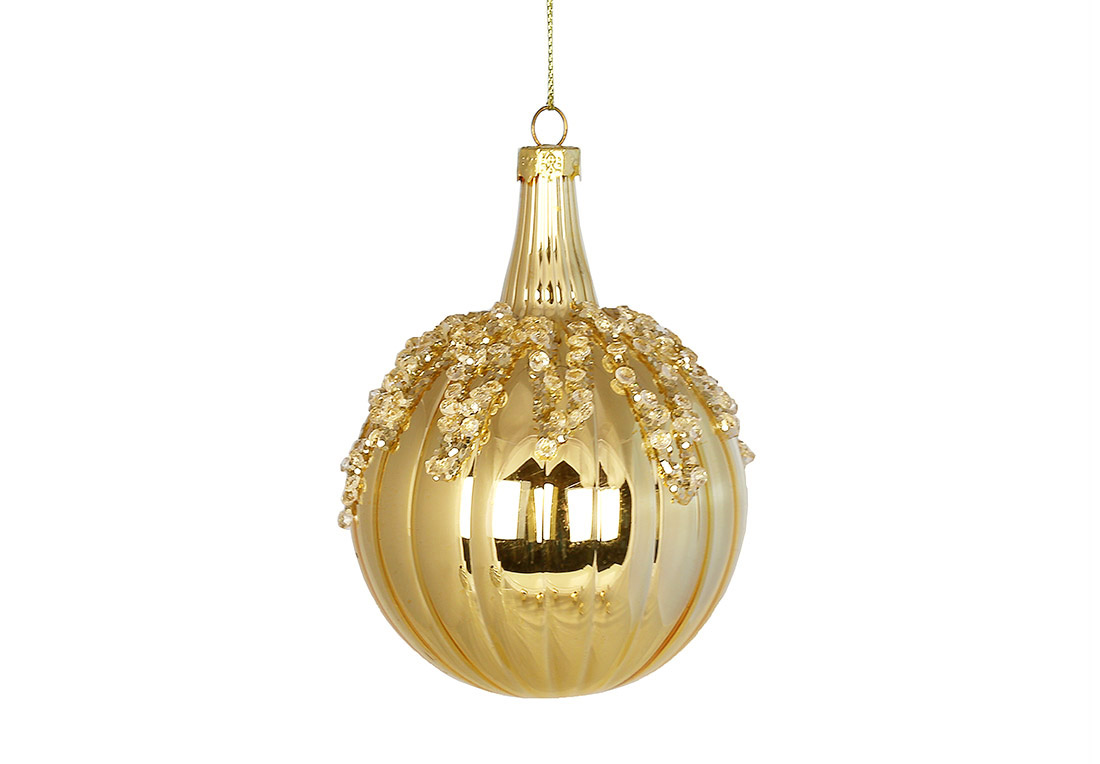 Ялинкова куля з декором зі страз та гліттера 8см, колір - золото - Фото