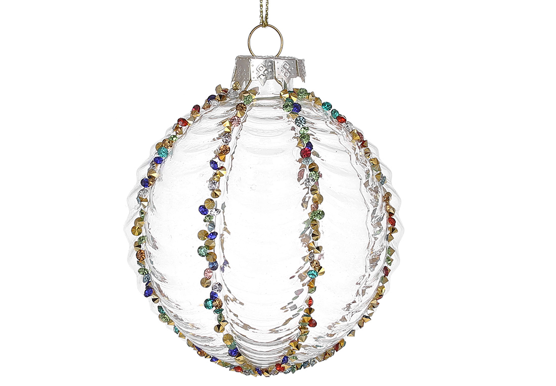 Ялинкова куля рельєфної форми з прозорого скла та декором зі страз 8см - Фото