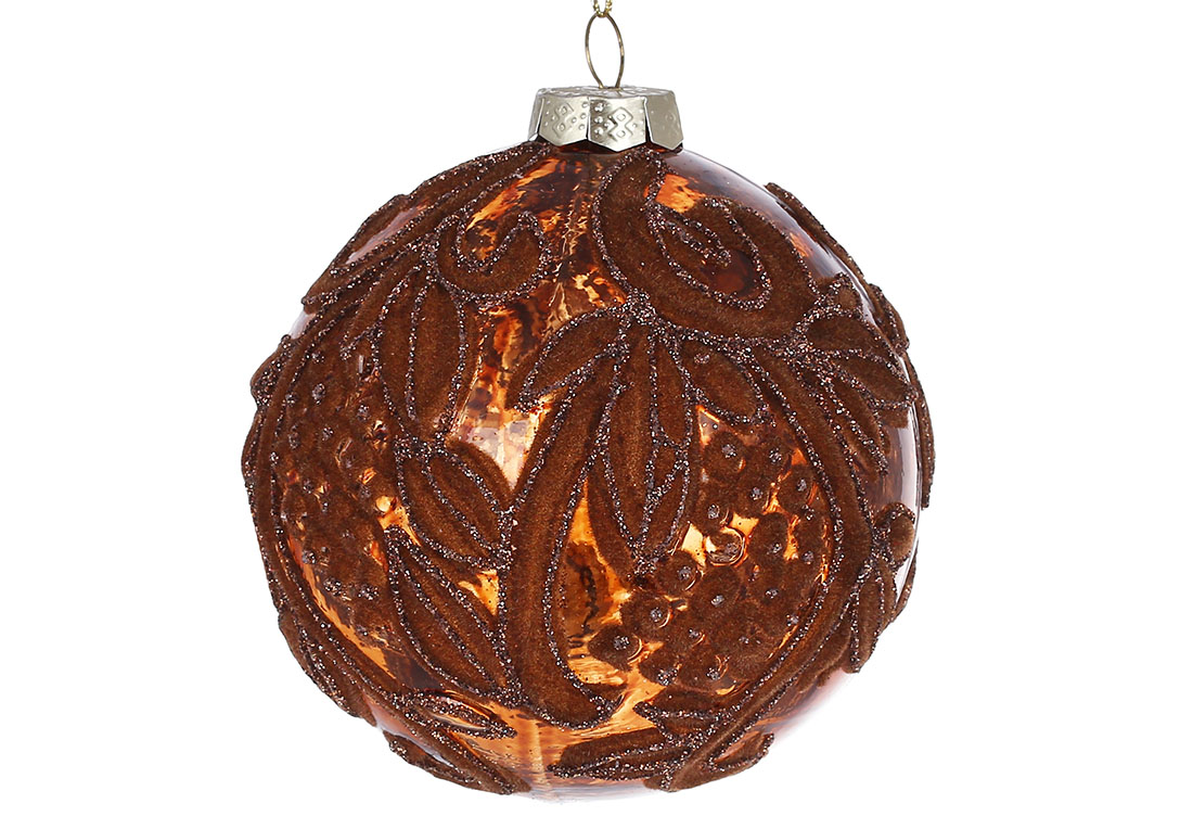Ялинкова куля з флористичним візерунком з оксамиту та гліттера 10см, колір - коричневий - Фото