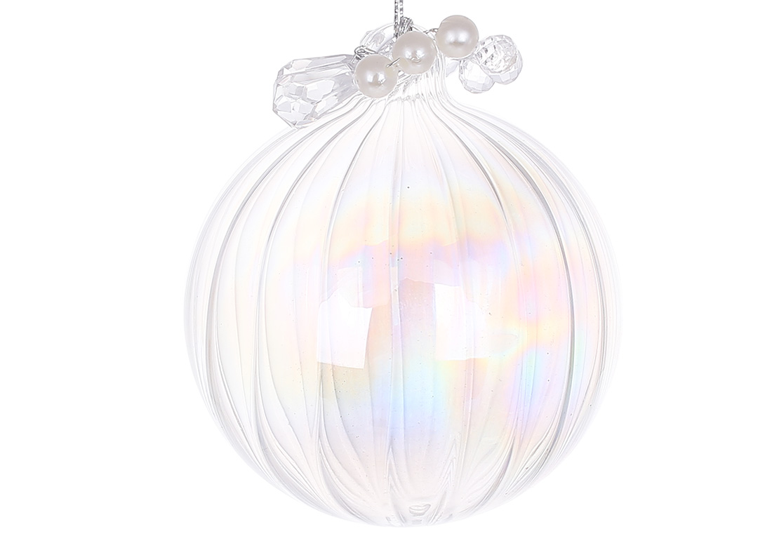 Ялинкова куля з декором із перлів та кристалів 8см, колір - прозорий перламутр. - Фото