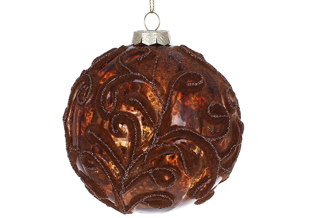 Ялинкова куля з флористичним візерунком з оксамиту та гліттера 10см, колір - коричневий антик - Фото