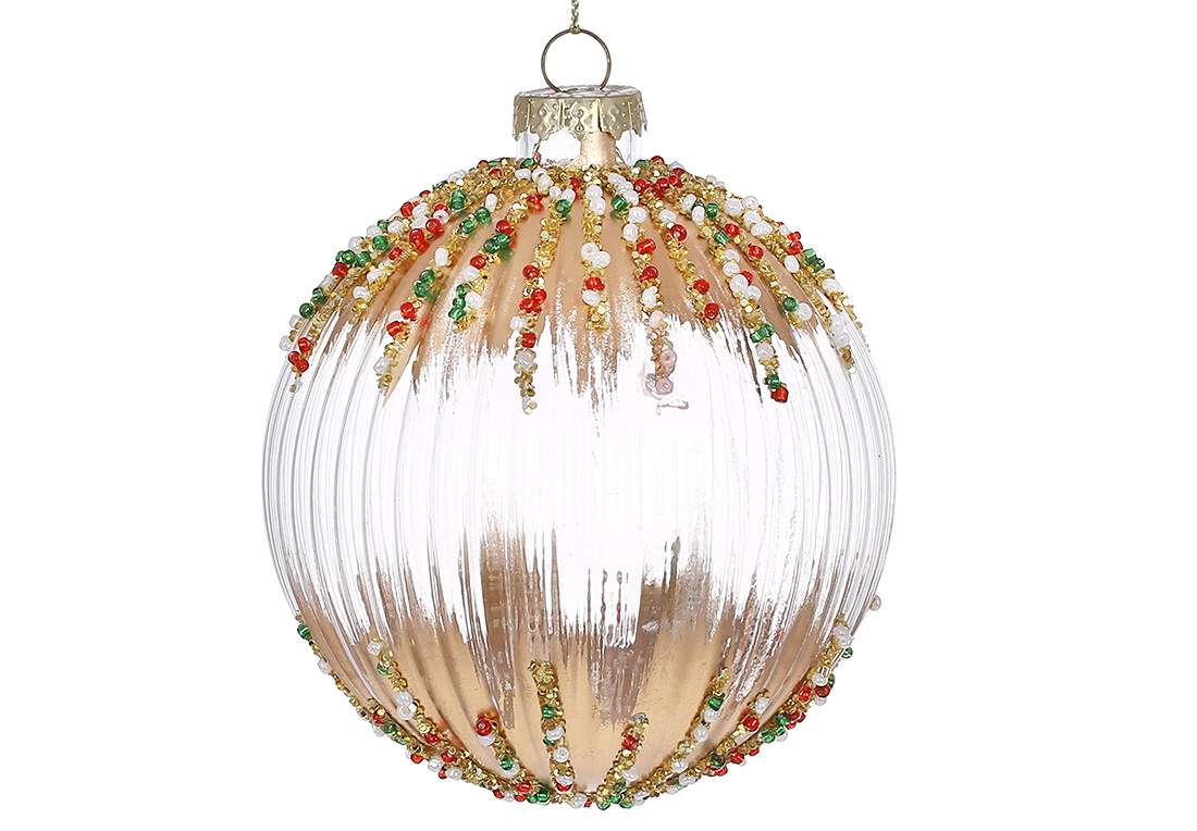 Ялинкова куля рельєфної форми з декором з бісеру 10см, колір - прозорий із золотом - Фото