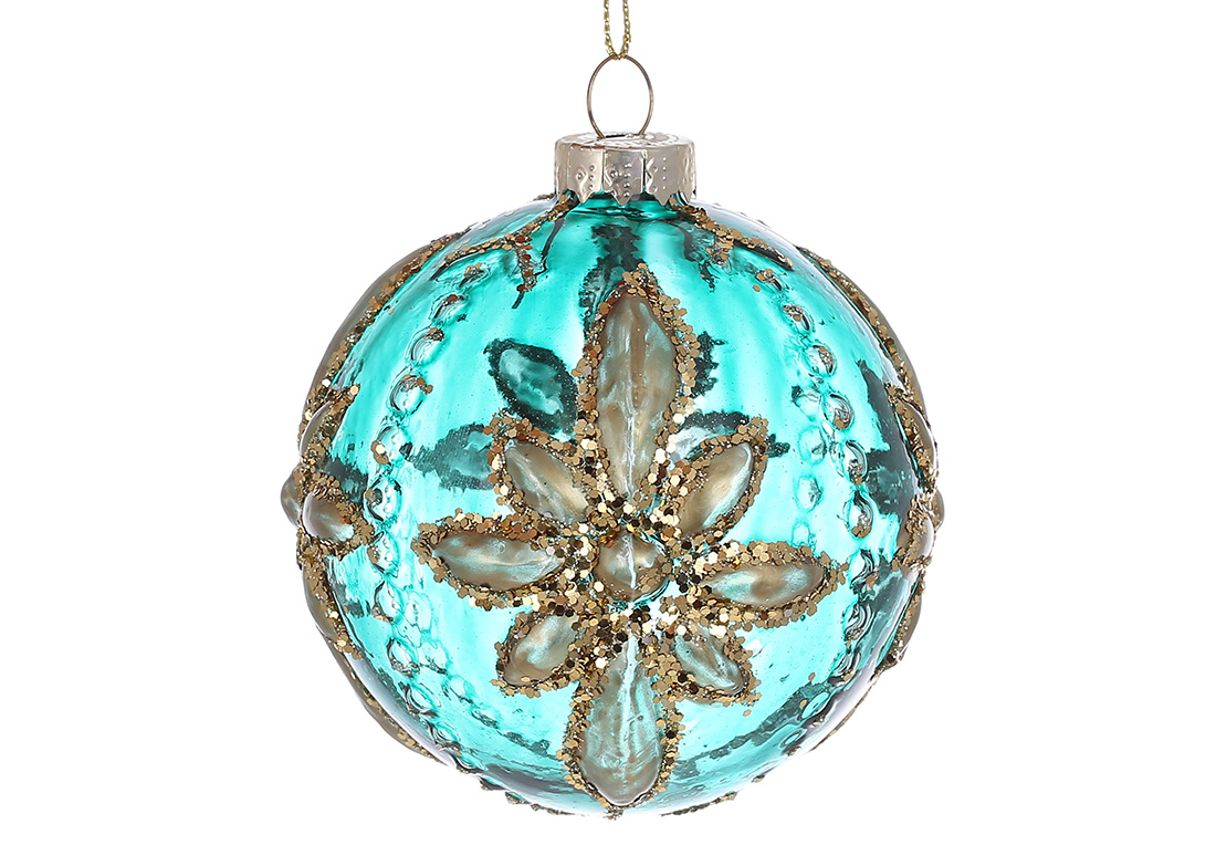 Ялинкова куля з рельєфним оранментом 8см, колір - смарагдовий із золотим гліттером - Фото
