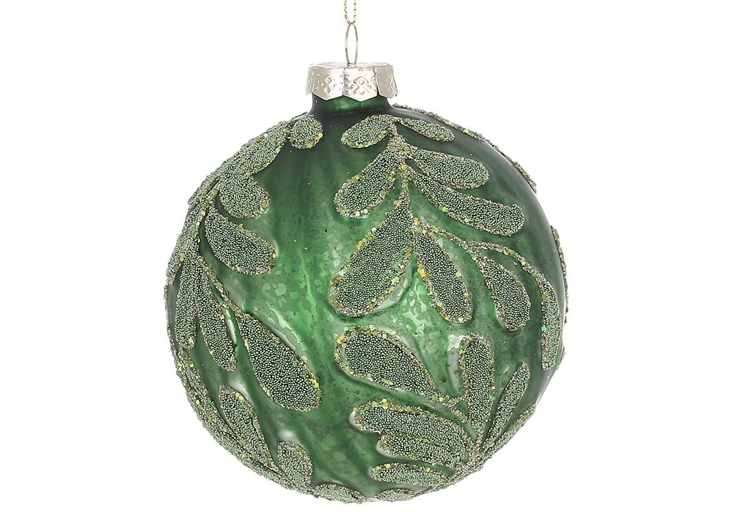 Ялинкова куля з флористичним візерунком з бісеру 10см, колір - зелений антик - Фото