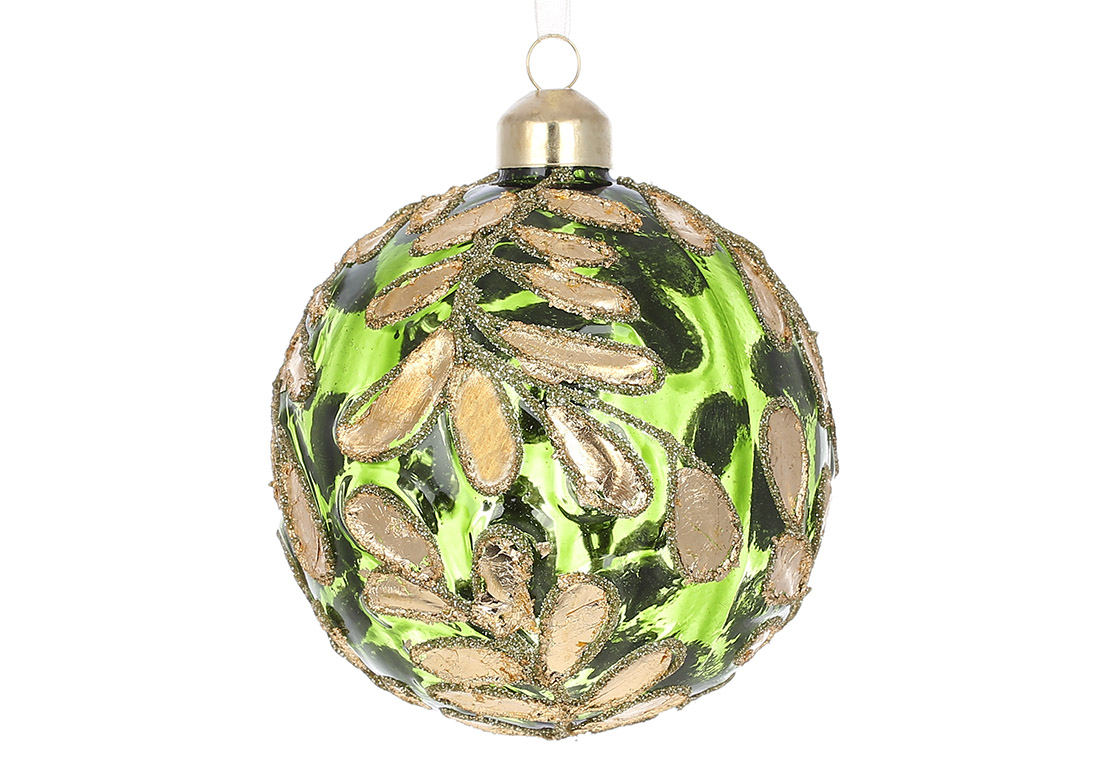 Ялинкова куля з флористичним візерунком оздоблена паталлю 10см, колір - зелений із золотом - Фото