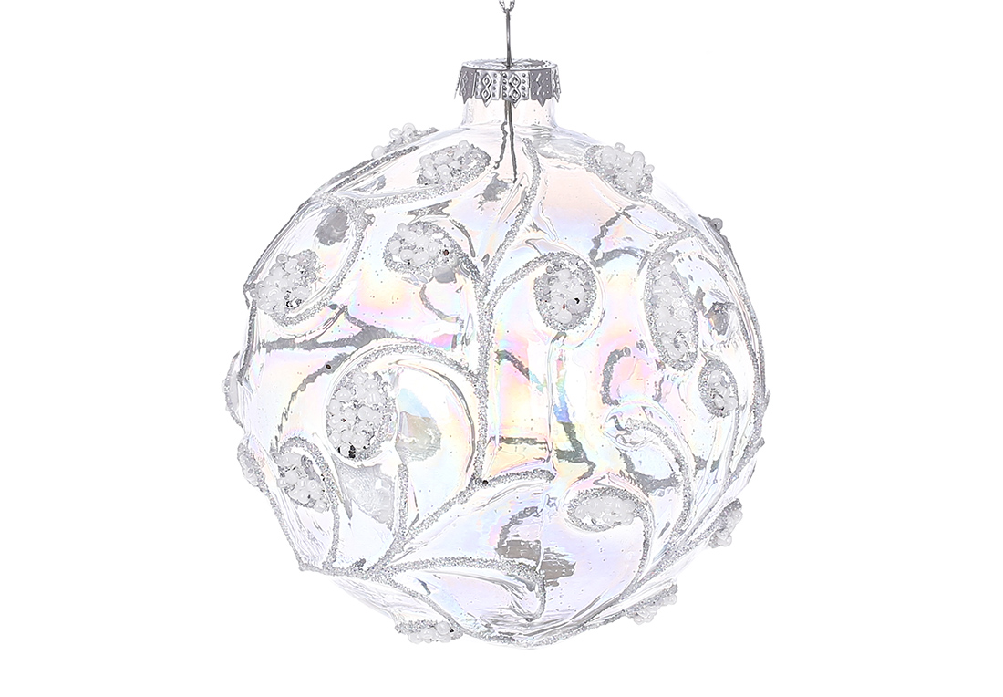 Ялинкова куля з прозорого скла з об'ємним малюнком з бісеру та гліттера 10см - Фото