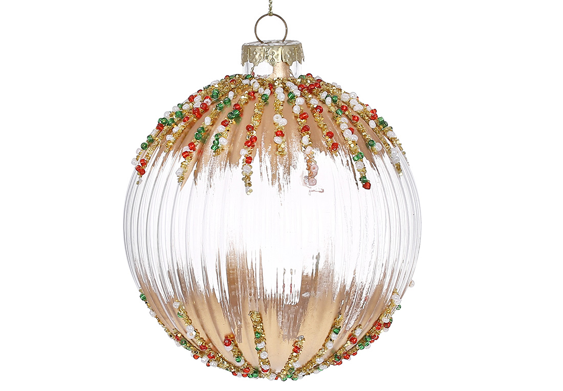 Ялинкова куля рельєфної форми з декором з бісеру 8см, колір - прозорий із золотом - Фото