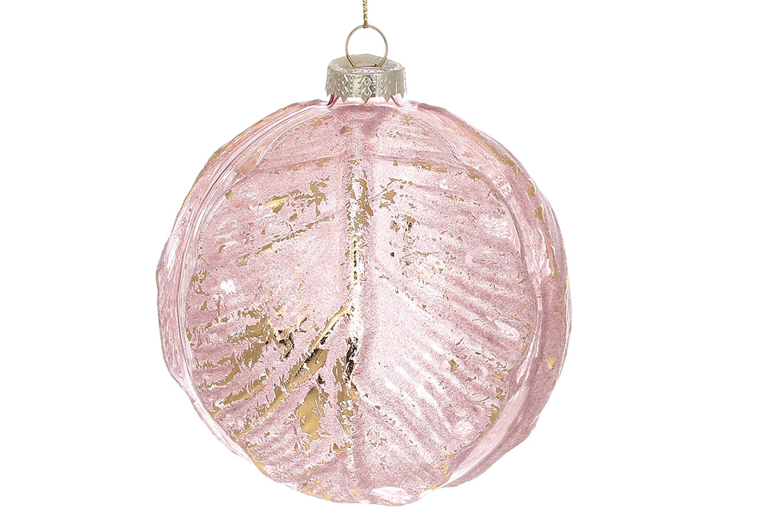 Ялинкова куля з рельєфним малюнком Листя і оксамитовим напиленням 10см, колір - рожевий пильний з золотим гліттером - Фото