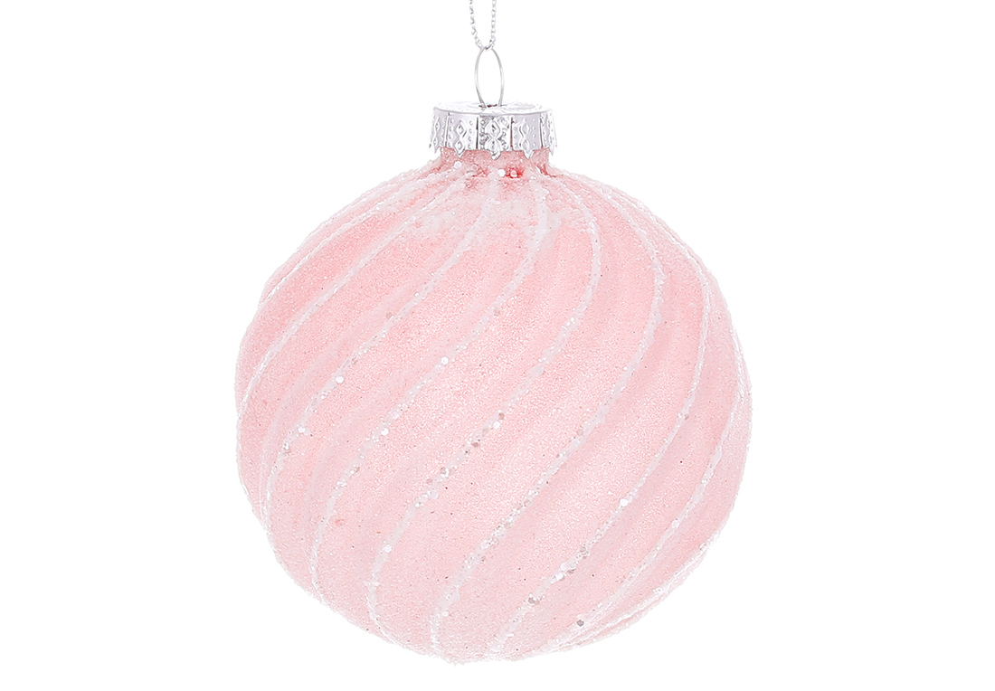 Ялинкова куля крученої форми з цукровим покриттям та гліттерним декором 8см, колір - блідо-рожевий - Фото