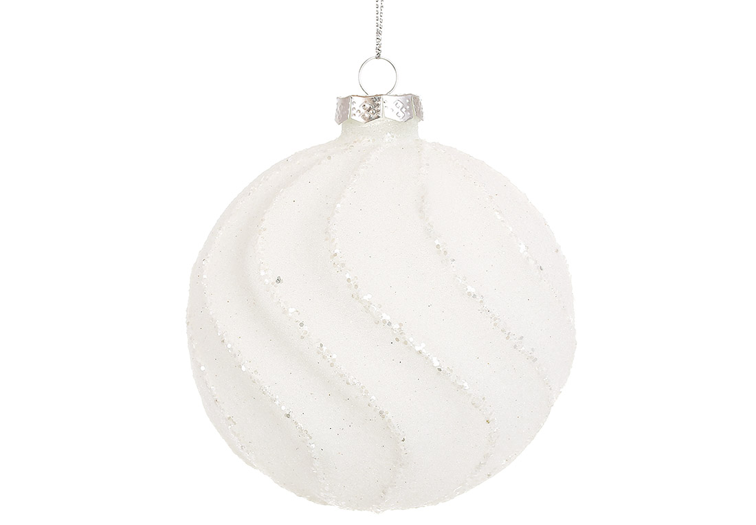 Ялинкова куля крученої форми з цукровим покриттям та гліттерним декором 8см, колір - білий - Фото