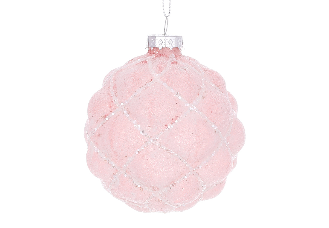 Ялинкова куля рельєфної форми з цукровим покриттям та гліттерним декором 8см, колір - блідо-рожевий - Фото
