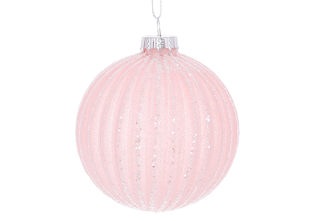 Ялинкова куля рельєфної форми з цукровим покриттям та гліттерним декором 8см, колір - блідо-рожевий - Фото
