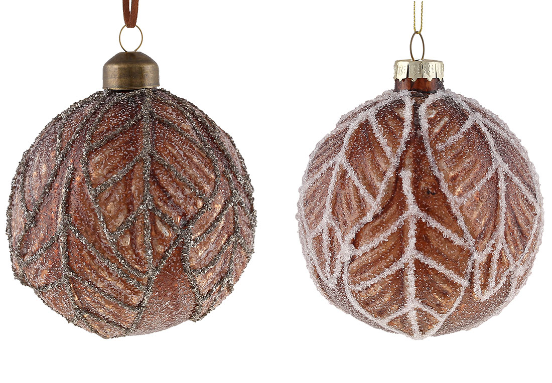 Ялинкова куля з рельєфним малюнком Листя, 8см колір - шоколад, 2 дизайну мікс - Фото