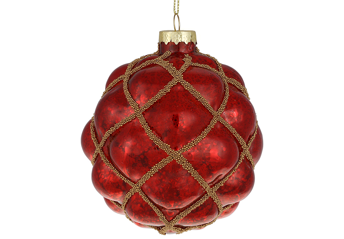 Ялинкова куля 10см, колір - червоний антик із золотим гліттером - Фото