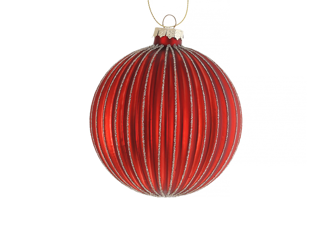 Ялинкова куля з матовим покриттям та глітерним декором 10см, колір - червоний із золотом - Фото