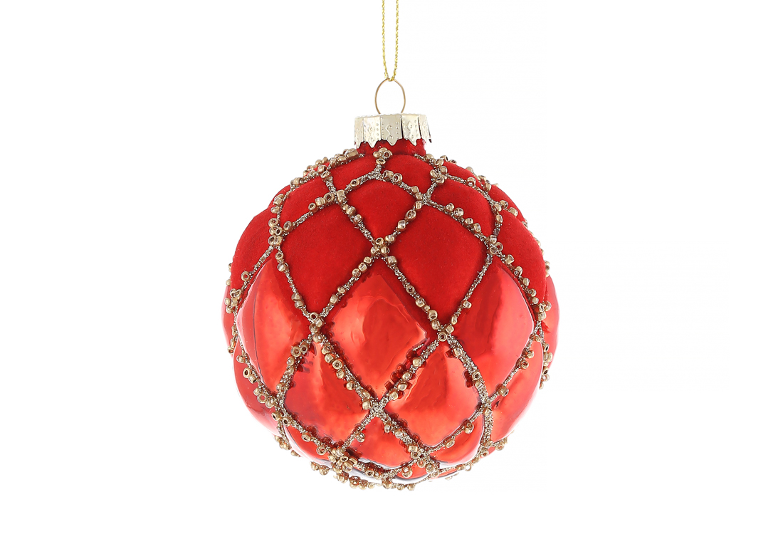 Ялинкова куля рельєфної форми з глянсовим та оксамитовим покриттям 8см, колір - червоний - Фото