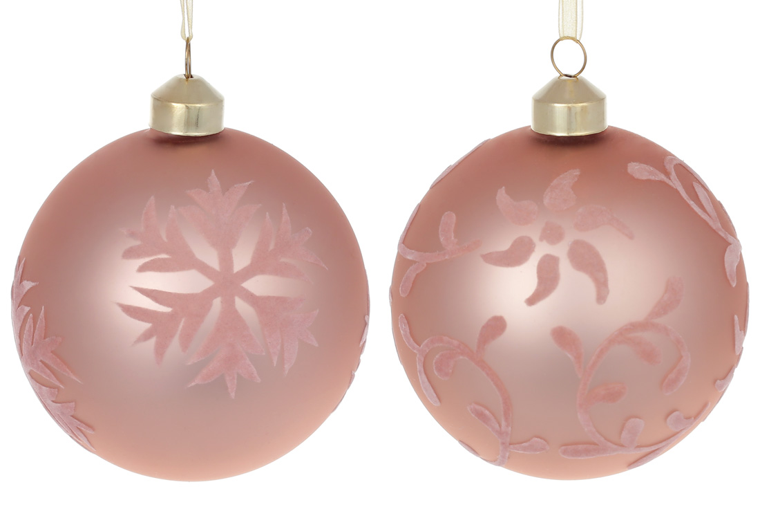 Ялинкова куля 10см з оксамитовим орнаментом Сніжинки, колір - рожевий, 2 дизайни в дисплей коробці - Фото