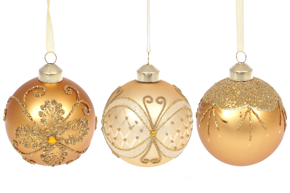 Ялинкова куля 8см Золотий візерунок, мікс 3 дизайнів в дисплей коробці, колір - матове золото - Фото
