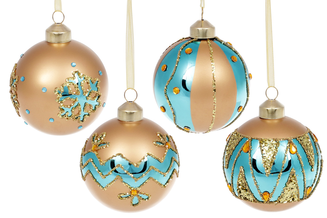 Ялинкова куля 8см Бірюза, мікс 4 дизайнів в дисплей коробці - Фото