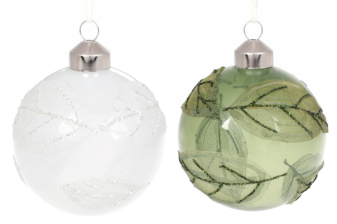 Ялинкова куля 8см Лист, прозоре скло, мікс 2 кольорівв дисплей коробці - Фото