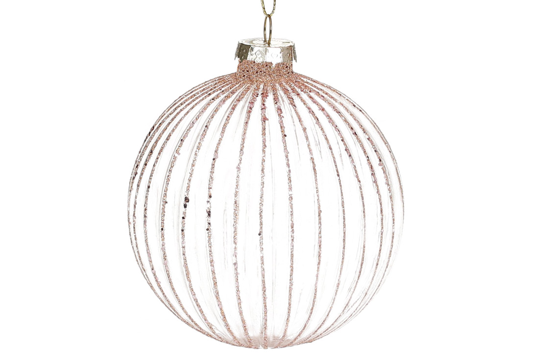 Ялинкова куля із прозорого скла рельєфної форми з гліттером, 10см, колір - рожеве золото - Фото