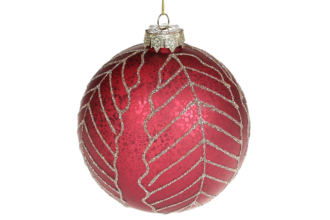 Ялинкова куля з матовим покриттям та малюнком з гліттера, 10см, колір - червоний антик - Фото