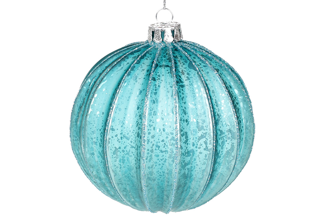 Ялинкова куля рельєфної форми з гліттером, 10см, колір - блакитний антик - Фото