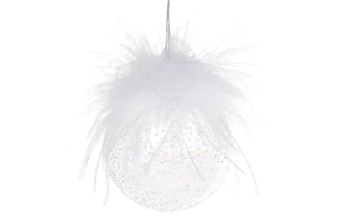 Ялинкова куля з покриттям лід і декором з пір'я, 8см, колір - діамантовий прозорий - Фото