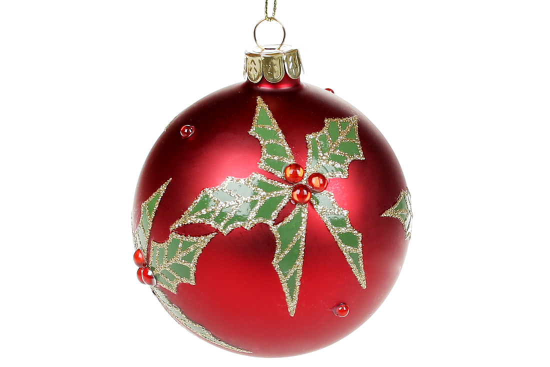Ялинкова куля з декором Омела та стразами 8см, колір - червоний із зеленим - Фото