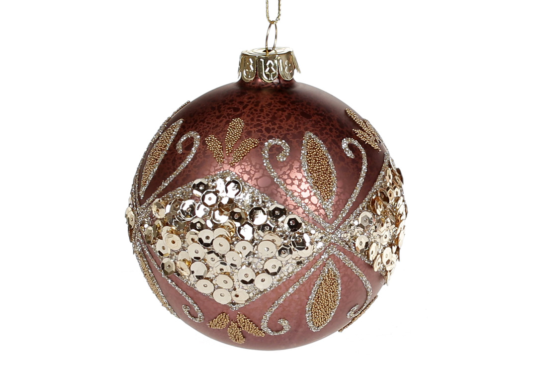 Ялинкова куля з декором з бусин і страз, 8см, колір - божоле - Фото