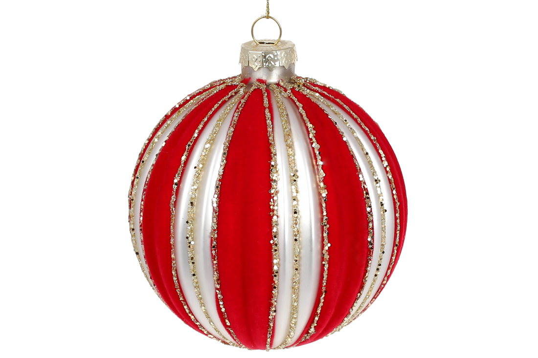 Ялинкова куля рельєфної форми з декором з оксамиту 10см, колір - червоний з білим перловим - Фото
