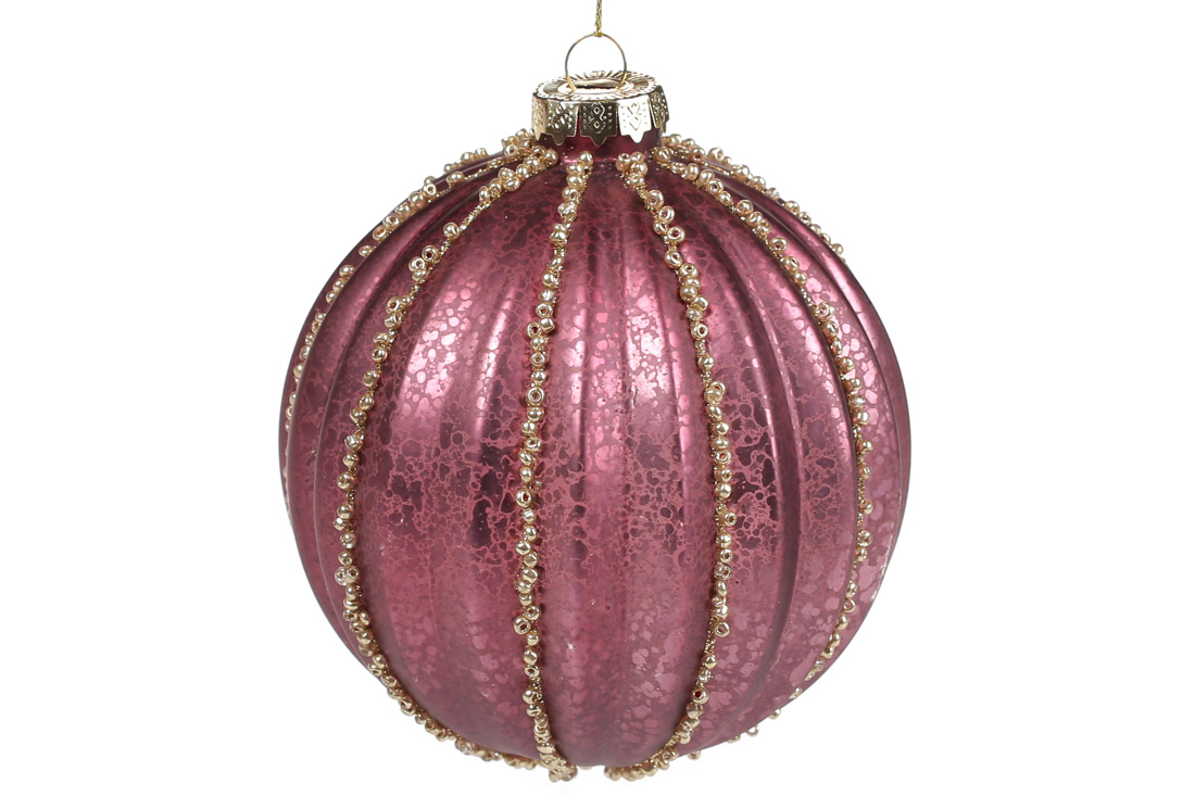 Ялинкова куля 10см рельєфної форми з декором з бусин, колір - брусничний - Фото