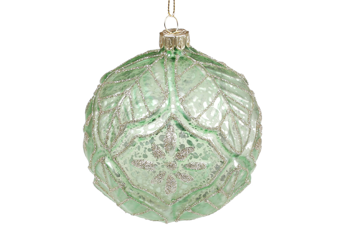 Ялинкова куля 10см рельфової форми з декором із гліттера, колір - трав'яний зелений - Фото