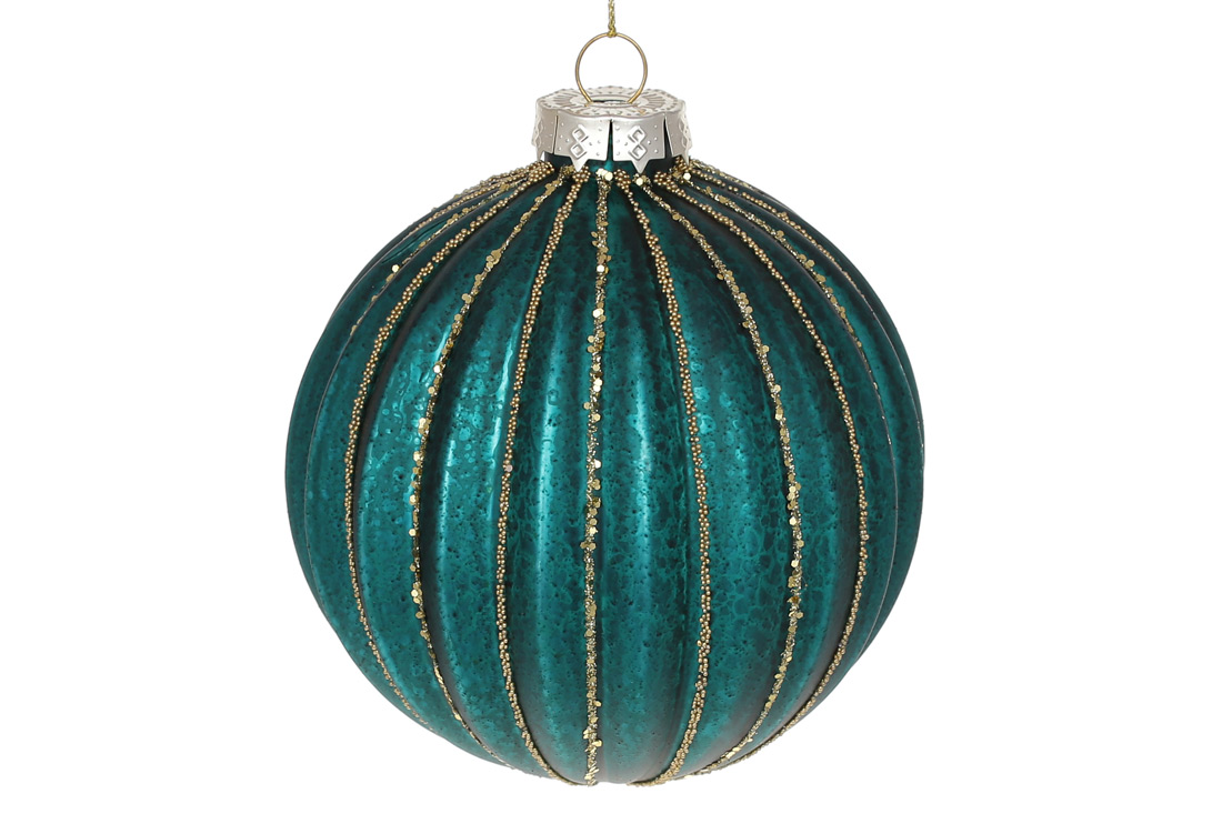 Ялинкова куля рельєфної форми з декором з гліттера 10см, колір - темно-бірюзовий - Фото