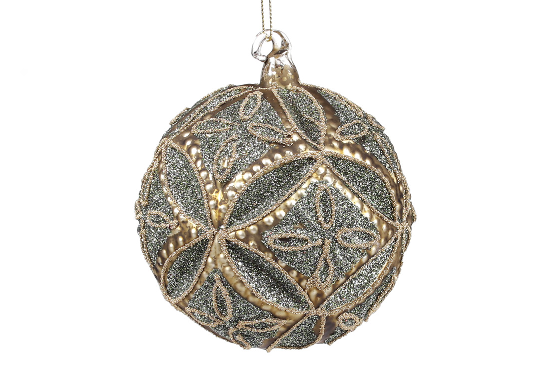 Ялинкова куля 10см рельєфної форми з декором з гліттера, колір - старовинне золото - Фото