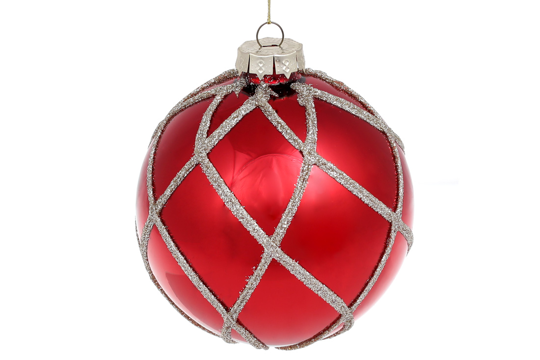 Ялинкова куля з орнаментом із гліттера, 10см, колір - червоний - Фото