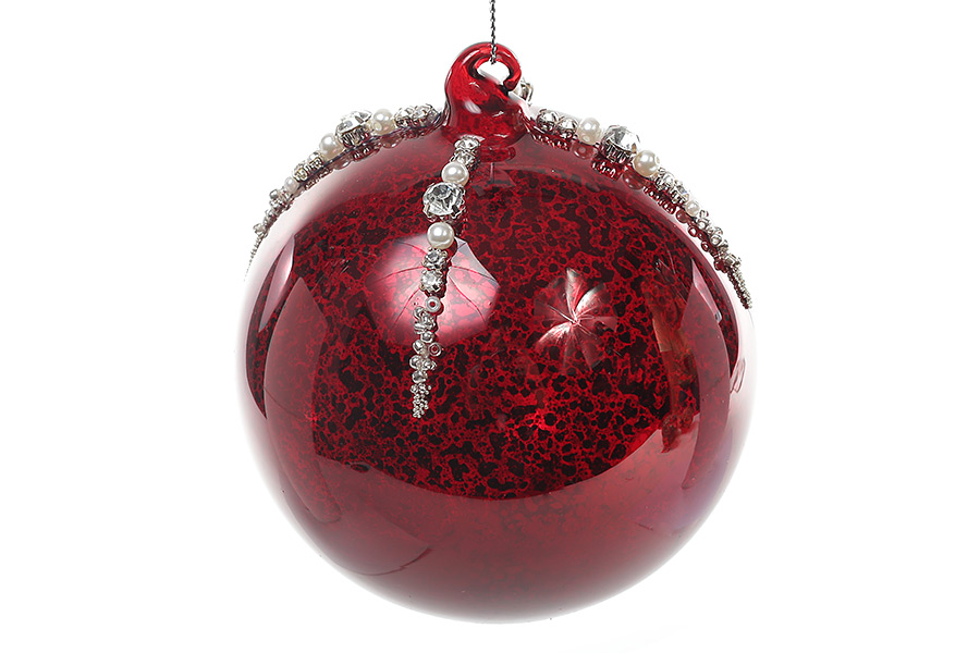 Ялинкова куля 10см червоний антик з декором зі страз та бусин - Фото