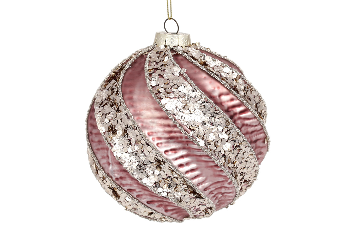Ялинкова куля з рельєфом та декором з гліттера, 10см, колір - вечірня троянда - Фото