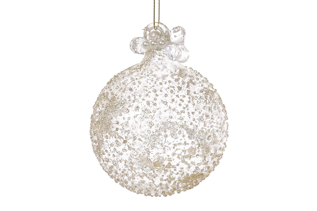 Ялинкова куля 10см з декором з бусин, колір - прозоре скло з гліттером шампань - Фото