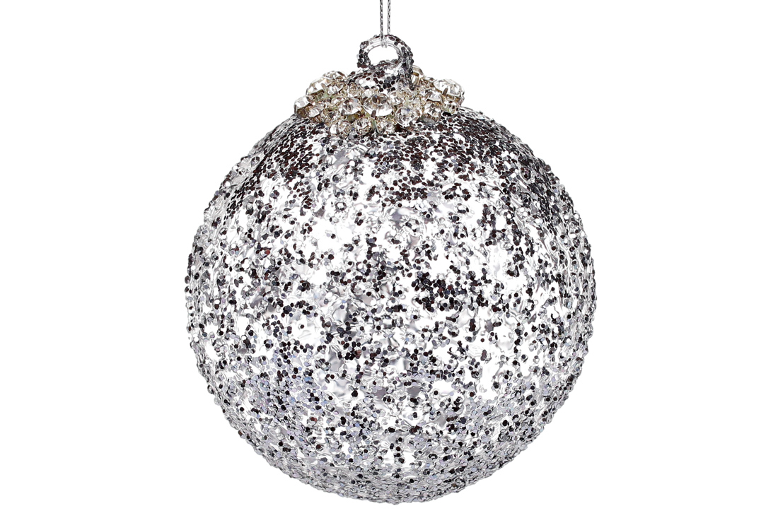 Ялинкова куля 8см з гліттерною присипкою та декором зі страз, колір - блискучий графіт - Фото