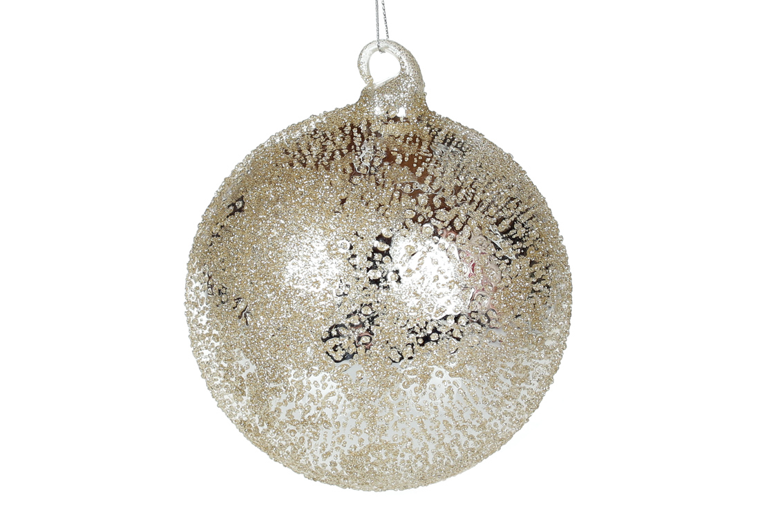 Ялинкова куля 12см із дзеркальною поверхнею та покриттям "лід", колір - шампань - Фото