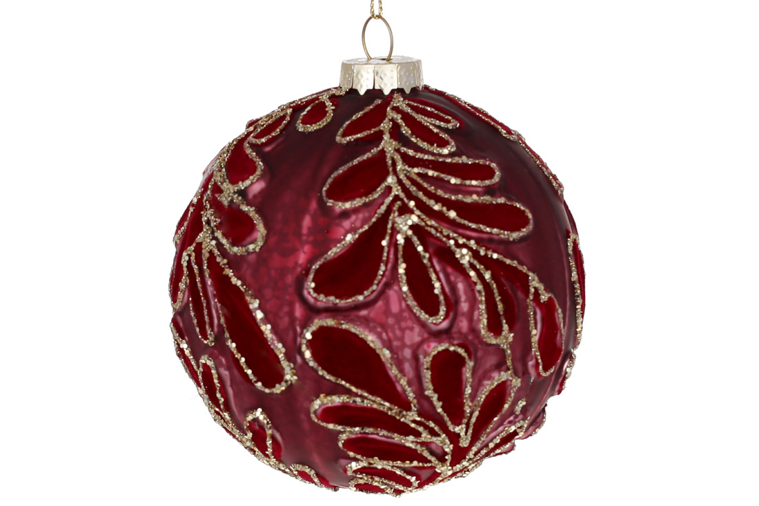 Ялинкова куля 10см з декором із гліттера та оксамиту, колір - бордо - Фото
