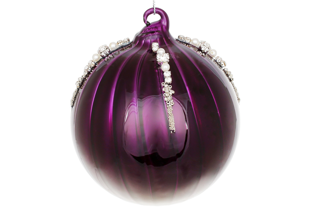 Ялинкова куля 10см з декором зі страз та бусин, колір - фіолетовий - Фото