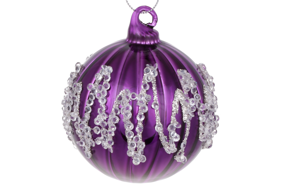 Ялинкова куля 8см з декором з кристалів та гліттера, колір - фіолетовий - Фото