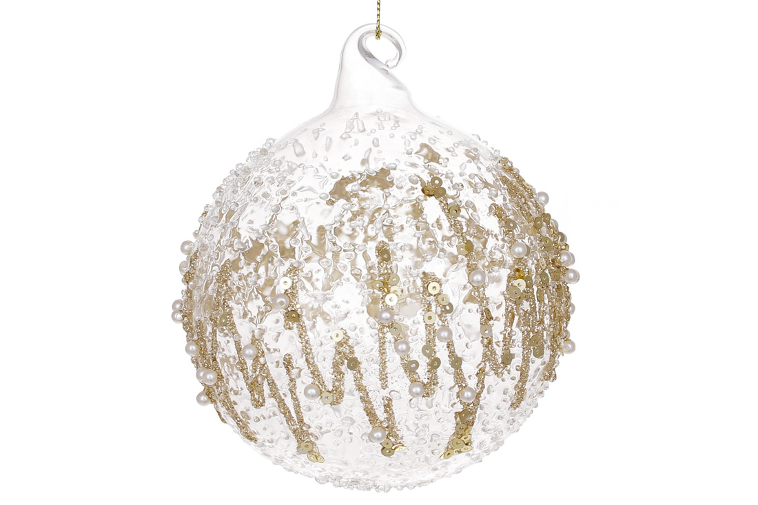 Ялинкова куля з прозорого скла з покриттям "лід" та декором з бісеру та паєток 10см - Фото