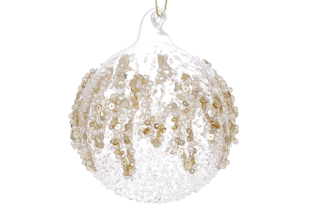 Ялинкова куля з прозорого скла з покриттям "лід" та декором з бісеру та паєток 8см - Фото